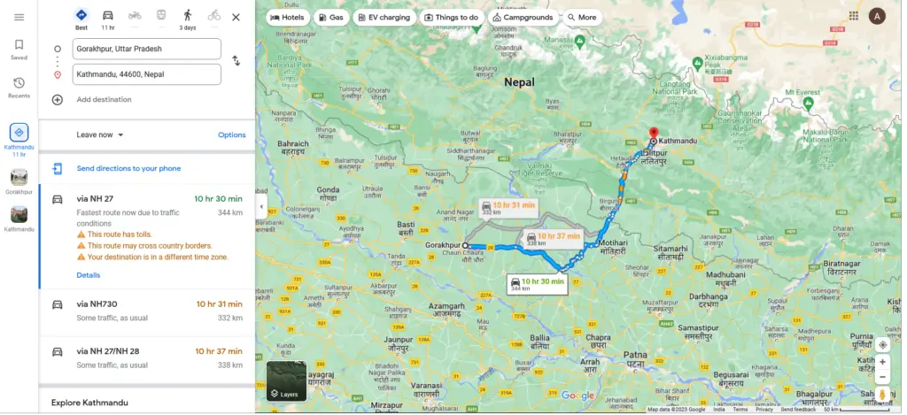 gorakhpur to kathmandu distance